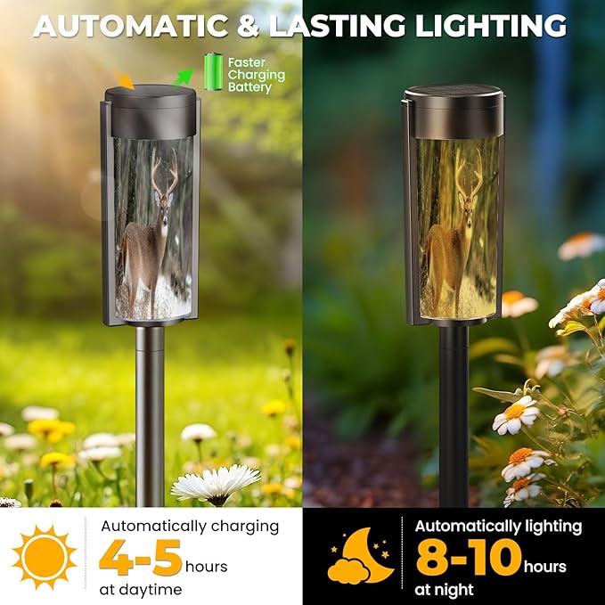8 Pack Solar Pathway Lights Outdoor Waterproof Whitetail Deer Buck Standing Snow Solar Garden Lights LED Landscape Lighting for Yard Walkway Lawn Garden Decor