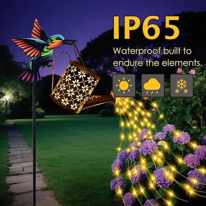 Solar Watering Can with Cascading Lights Outdoor Garden Decor, Hummingbird Shaped Hook Gardening Gifts for Mom | Lumora