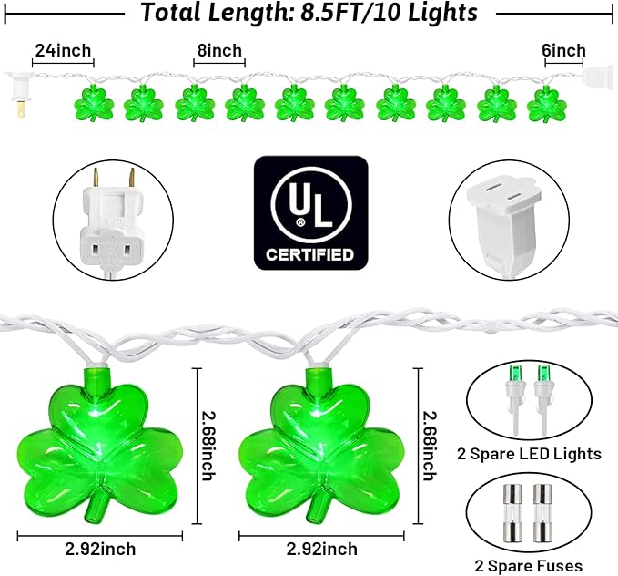 8.5FT Clear Green Shamrock Lights, St Patricks String Lights Outdoor Waterproof with 10 LED Light for rish Shamrock | Lumora