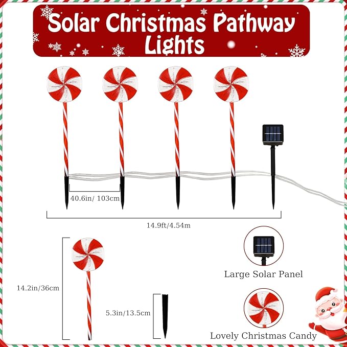 Lewondr 4 Pack Lollipop Christmas Decorations Outdoor,Solar Lighted Candy with Garden Stakes,Waterproof Garden Lawn Pathway with 2 Lighting Modes,Solar Christmas Yard Decor for Path,Xmas Party,Holiday