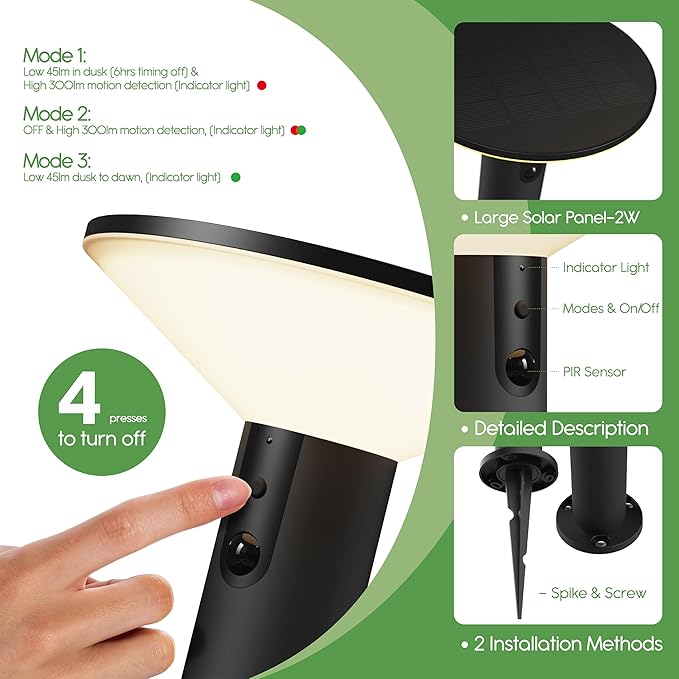 23.5" Solar Pathway Lights - Walkway Solar Lights for Outside - PIR Sensor & Three Lighting Modes - Rechargeable Battery Lasts Up to 35 Hours - 2700K - IP44 Weather Resistant - 2 Pack