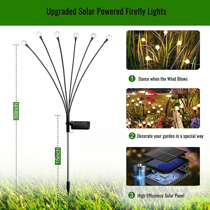 Garden Firefly Lights Solar ,2 Pack 6 LEDs Solar Powered Swaying Outdoor Lights Waterproof,Landscape Yard Patio Pathway Garden Decor,Warm White