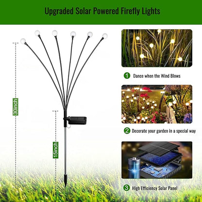 Garden Firefly Lights Solar ,2 Pack 6 LEDs Solar Powered Swaying Outdoor Lights Waterproof,Landscape Yard Patio Pathway Garden Decor,Warm White