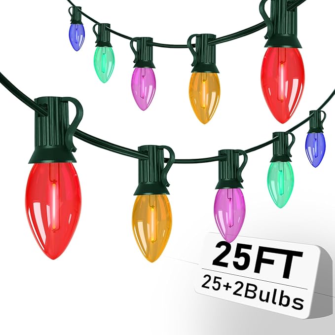 Outdoor C9 Multicolor Christmas Lights, 25Ft Vintage Christmas Lights with 27 LED C9 Bulbs, Extendable Plug in | Lumora