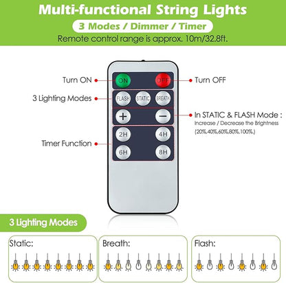 48FT Outdoor String Lights with Remote, Dimmable Patio Lights with 15+2 LED Waterproof Shatterproof Bulbs 3 Modes 4 Timers for Backyard, Black