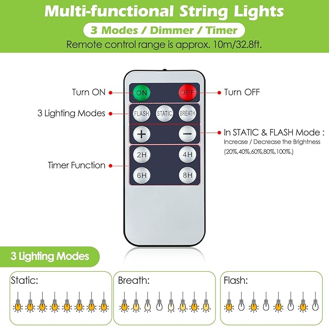 144FT(3 * 48FT) Outdoor String Lights with Remote, Dimmable Patio Lights with 45+5 LED Bulbs 3 Modes 4 Timers for | Lumora