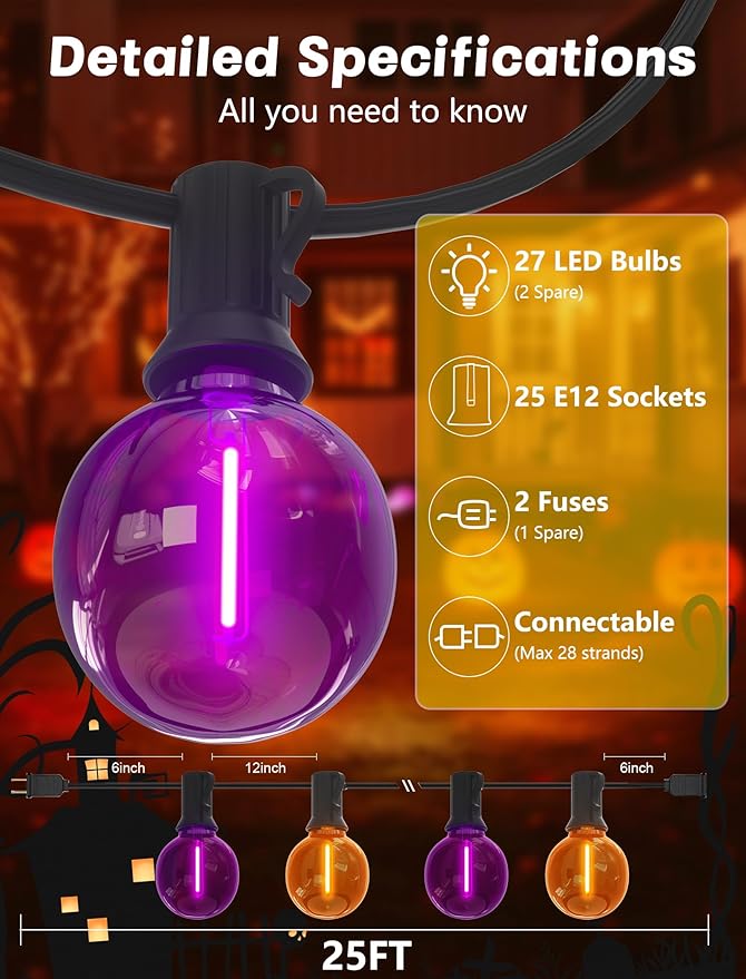 SUNSGNE G40 LED Outdoor Halloween String Lights 25FT Globe String Lights with 27 LED Shatterproof Clear Orange | Lumora
