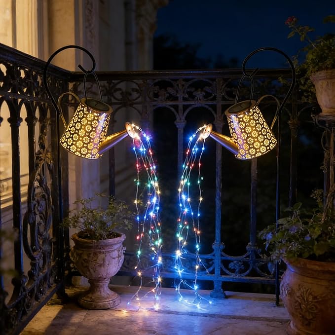 2 Pcs Solar Watering Can Lights, Hanging Solar Waterfall Lights Waterproof Outdoor Garden Decor Yard Art for Porch Landscape Patio, Gardening Gifts for Mom Grandma Women