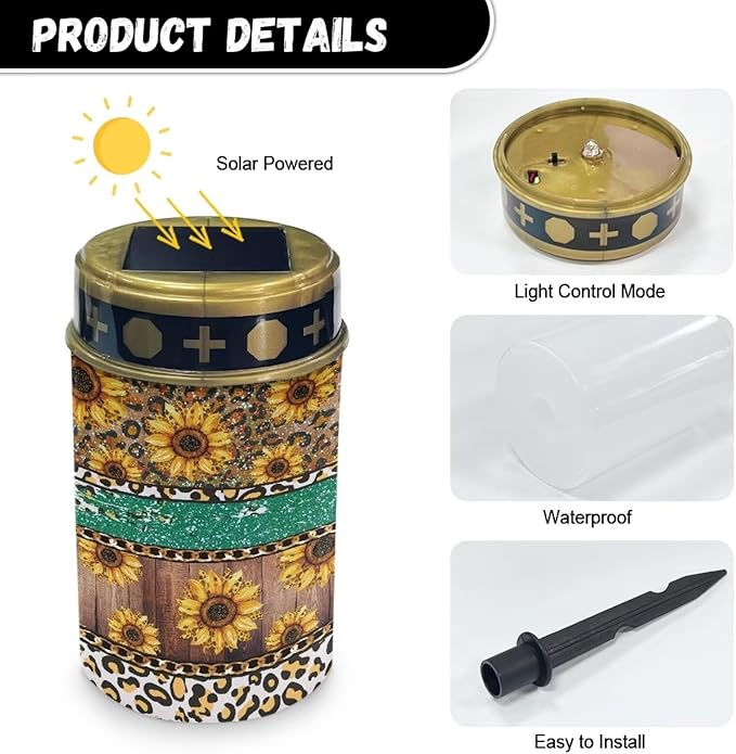 Poceacles Solar Lights Outdoor Waterproof Cemetery Lights Solar Powered Grave Solar Lantern Outdoor Waterproof Walkway Lights for Lawn Garden Pathway, Leopard Print Sunflower Shiny Green