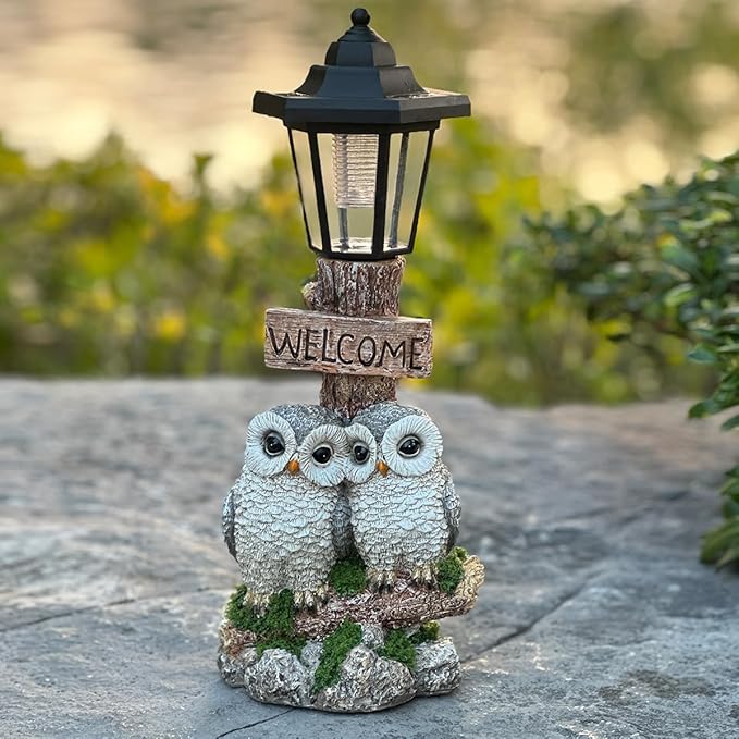 Outdoor Garden Owl Statue with Solar Lights, Owl Figure with Welcoming Sign,for Outdoor Landscapes, Courtyards | Lumora