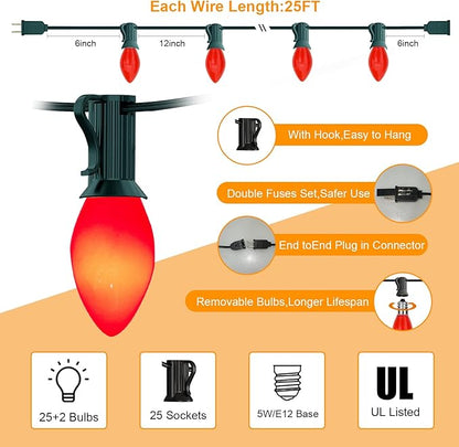 Abeja C7 Valentines Day Decorations Light, 25Ft Vintage Christmas Light with 27 Red Ceramic Bulbs(2 Spare), Hanging Romantic Red Lights for Valentine's Day Party Indoor/Outdoor