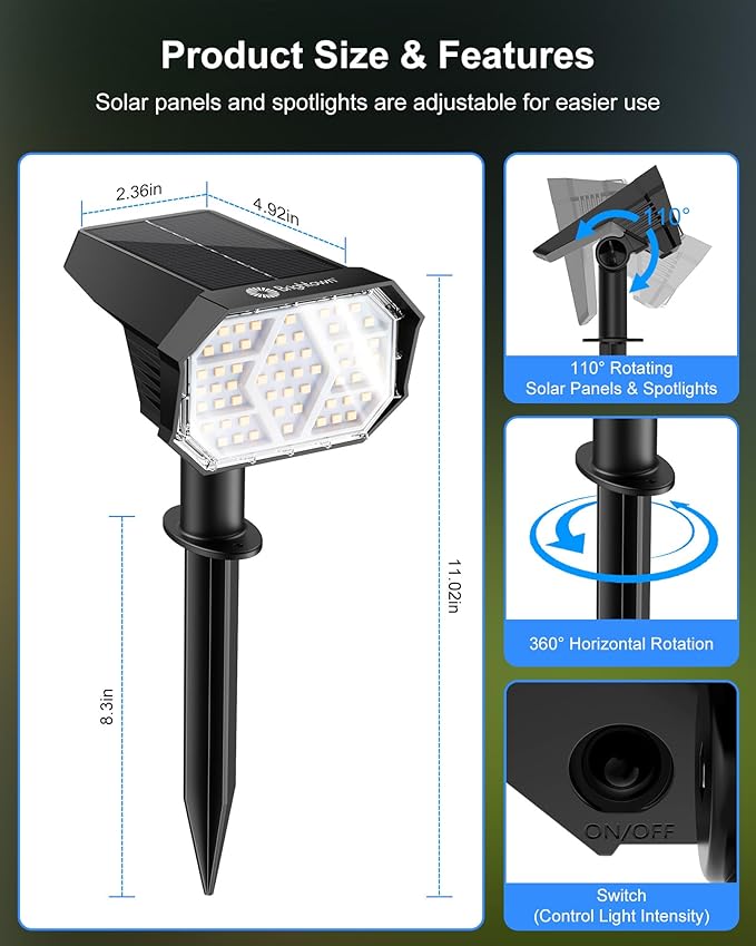 Brightown 4Pack Solar Spot Lights Outdoor with 58 LED & 1800mAh, IP67 Solar Lights Outdoor Waterproof with 3 Light | Lumora