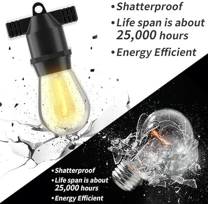 S14 LED 48FT Outdoor String Lights, IP65 Waterproof 48FT Outside Patio Lights, Edison Shatterproof Bulb Vintage Backyard Light, Balcony, Deck, Garden Light