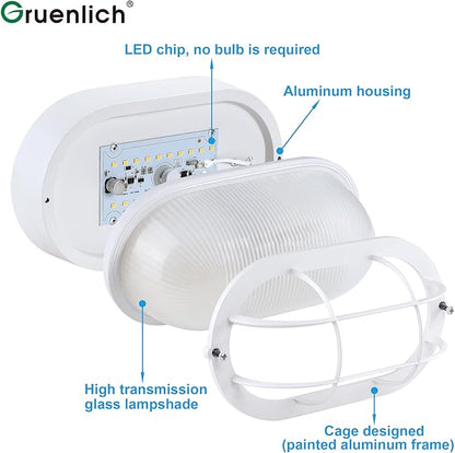 GRUENLICH 8.5'' Oval Outdoor Wall Lights, Dimmable LED Bulkhead Light, Sauna & Exterior Lighting, ETL Rated, 6W 600 Lumen, 3000K Warm White, White Cast Aluminum, Wall/Ceiling Mount, 1-Pack