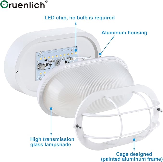 GRUENLICH LED Bulkhead Light, Flush Mount for Wall or Ceiling, 6W, 600 Lumen, Dimmable 5000K Daylight White, Outdoor Rated, Aluminum Housing, White Finish, 2-Pack