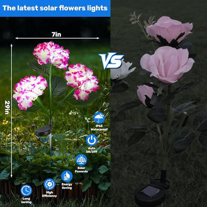 Solar Flower Lights, Solar Garden Lights, 2Pack IP65 Waterproof LED Hydrangea Stake Lights for Garden Decor Pathway Patio Yard (Pink)