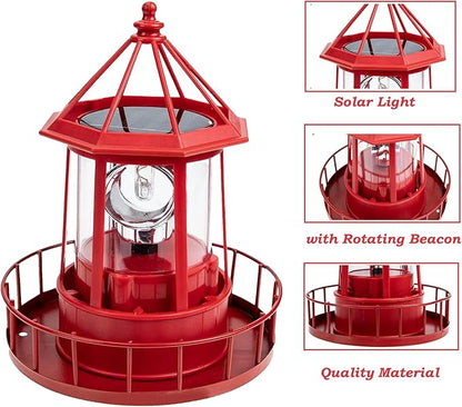 LED Solar Powered Lighthouse,360 Degree Rotating Lamp IP65 Waterproof Statue Solar Garden Lights Rotatable Outdoor Solar Light,Suitable for Patio Fence Garden Courtyards,Lawns Decor (Red)