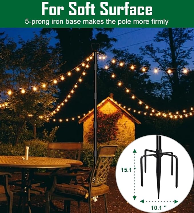 10Ft String Light Poles for Outside - 2 Pack Adjustable Metal Poles for Outdoor String Lights, Rustproof & Sturdy | Lumora