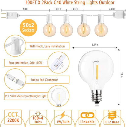 200 Feet White String Lights for Outside G40 Patio Lights Waterproof with 100+4 Replaceable Shatterproof Warm Yellow Globe Bulbs for Wedding Pergola Porch Backyard, White Cord, Linkable