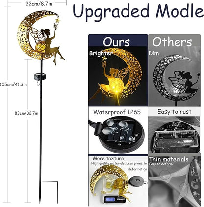 Solar Angel & Fairy Moon Waterproof Lights, Outdoor Garden Statues Decor, Outside Metal Yard Art Ornaments for Patio Lawn, Unique Gardening Gifts for Women Mom Grandma