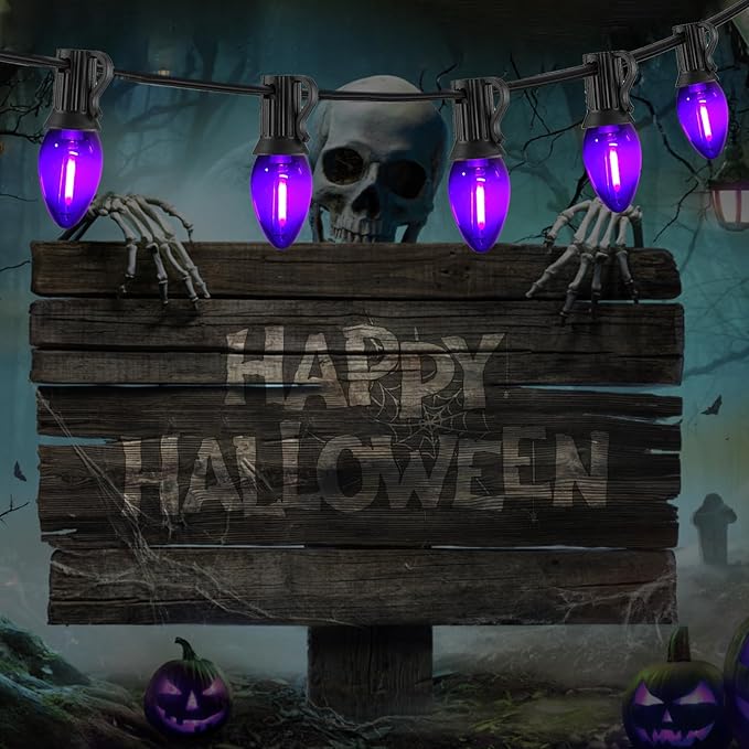 12FT Purple Halloween Lights Outdoor, C7 LED String Lights Plug in with Black Wire for Porch Railing, Walkway | Lumora