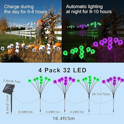 Halloween Decorations Outdoor Solar Eyeball Lights 4 Pack 32 LED 8 Modes Waterproof Scary Spooky Eyeballs Light Purple and Green Solar Garden Lights for Yard Party Halloween Decor (Green & Purple)