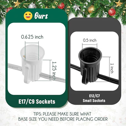 C9 Light Strand 100 FT for E17-12 Spacing, Outdoor String Light Christmas Stringer with 100 Sockets for Patio (White)