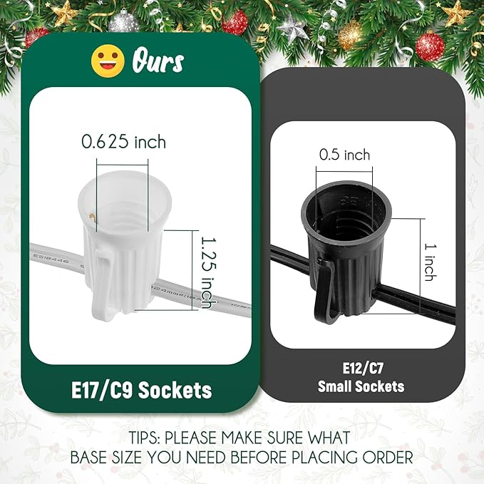C9 Light Strand, 50 FT Outdoor String Lights Christmas Stringer with 50 Sockets for Christmas Decor Patio, E17 | Lumora