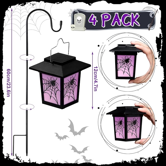 4 Pack Halloween Solar Lights 4.7 Inch Spider Purple Solar Pathway Lights Halloween Decorations with 24 Inch Shepherd Hooks Landscape Lighting Waterproof LED for Garden Yard Walkway Driveway Outdoor