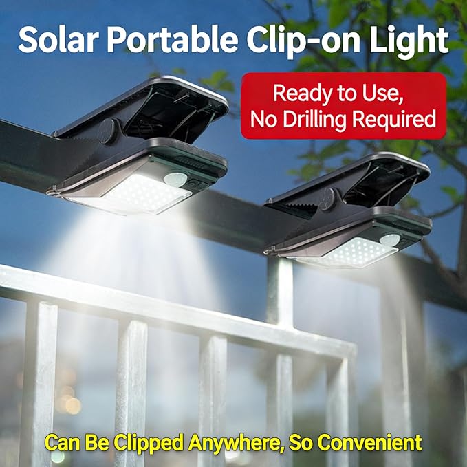 Solar Clip on Motion Sensor Light, High Brightness Led Outdoor Lamp with Efficient Solar Charging for Camping Tent, Pathway, Patio, Garden