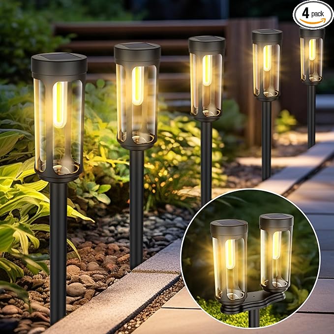 Solar Pathway Lights Outdoor Waterproof, 4 Warm Light LED Solar Powered Garden Light Decorations, Auto On/Off Outdoor Light for Yard Patio Lawn Walkway Garden Decor ( 4 Single or 2 Double Lights )
