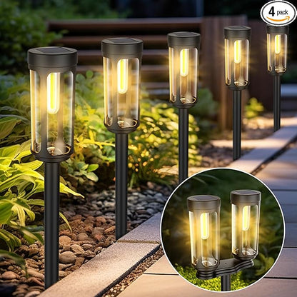 Solar Pathway Lights Outdoor Waterproof, 4 Warm Light LED Solar Powered Garden Light Decorations, Auto On/Off Outdoor Light for Yard Patio Lawn Walkway Garden Decor ( 4 Single or 2 Double Lights )
