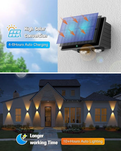 VOLISUN Solar Fence Lights 6 Pack, Color Glow LED Up and Down Wall Lights, IP65 Waterproof Solar Lights Outdoor for Patio, Backyard, Railing, Deck, Fence and Wall (4 Lenses)