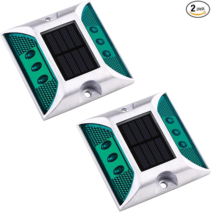 Aolyty Solar Driveway Marker Lights Outdoor, IP68 Waterproof Solar Dock Lights, Bright Warning Flashes Lights Reflective Road Marker for Deck Sidewalk Stair Garden Pathway (Green, 2 Pack)