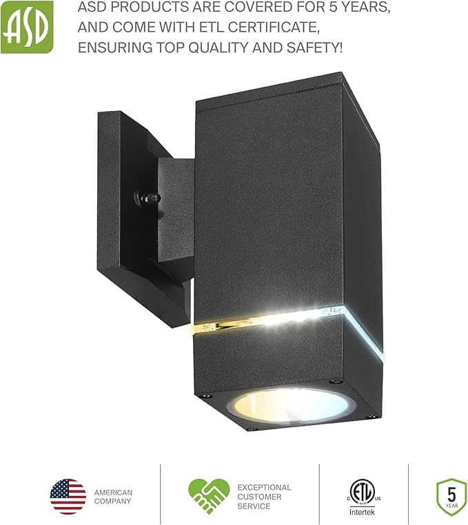 ASD 1 Light Square LED Indoor & Outdoor Wall Light Fixture | 9W 580LM 3000K-5000K 100-277V Cylinder Up Down Lights | Dimmable Exterior Wall Sconce | Front Door, Porch, Patio | Ringed Black, ETL 2 Pack