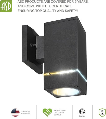 ASD 1 Light Square LED Indoor & Outdoor Wall Light Fixture | 9W 580LM 3000K-5000K 100-277V Cylinder Up Down Lights | Dimmable Exterior Wall Sconce | Front Door, Porch, Patio | Ringed Black, ETL 2 Pack