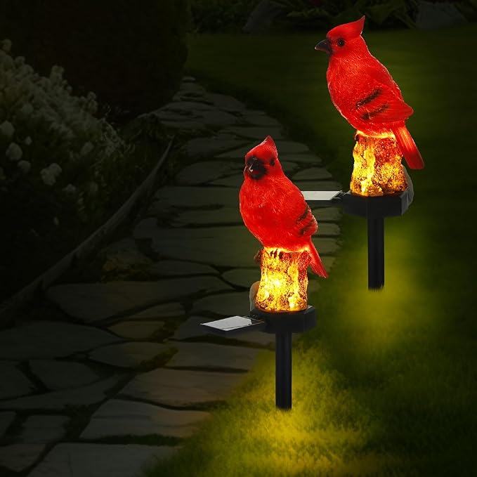 Baquler 2 Pack Cardinal Solar Lights Cardinal Outdoor Decor Red Bird Solar Light Bird Figurine Garden Stake for Pathway Garden Lawn Yard Decorations