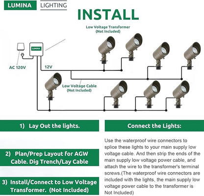 Lumina Lighting® 5W Landscape Lighting 12V Landscape Lights Low Voltage Landscape Spotlights Warm White Waterproof Outdoor Replaceable LED Bulb for Garden,Lawn,Porch,Patio and Yard (Bronze) (6-Pack)