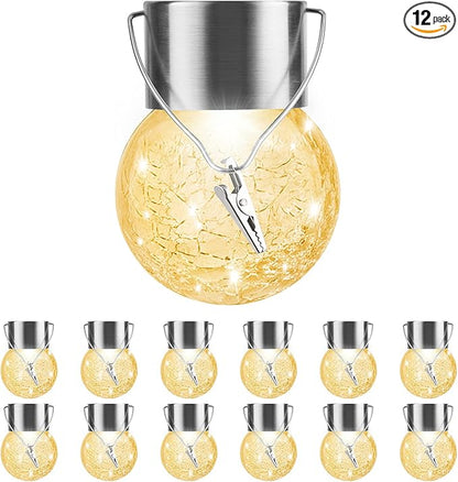 Solar Outdoor Lights Decorative 12 Pack, Hanging Solar Garden Lights Waterproof, Solar Powered Globe Cracked Glass Ball Lantern for Yard Patio Fence Tree Umbrella Holiday Decoration, Warm White