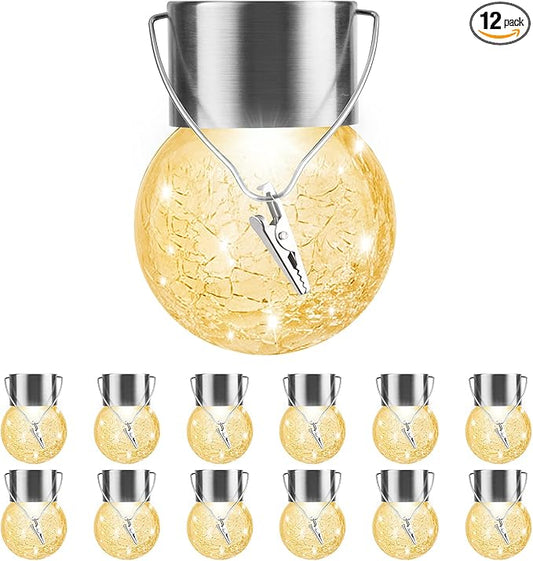 Solar Outdoor Lights Decorative 12 Pack, Hanging Solar Garden Lights Waterproof, Solar Powered Globe Cracked Glass Ball Lantern for Yard Patio Fence Tree Umbrella Holiday Decoration, Warm White