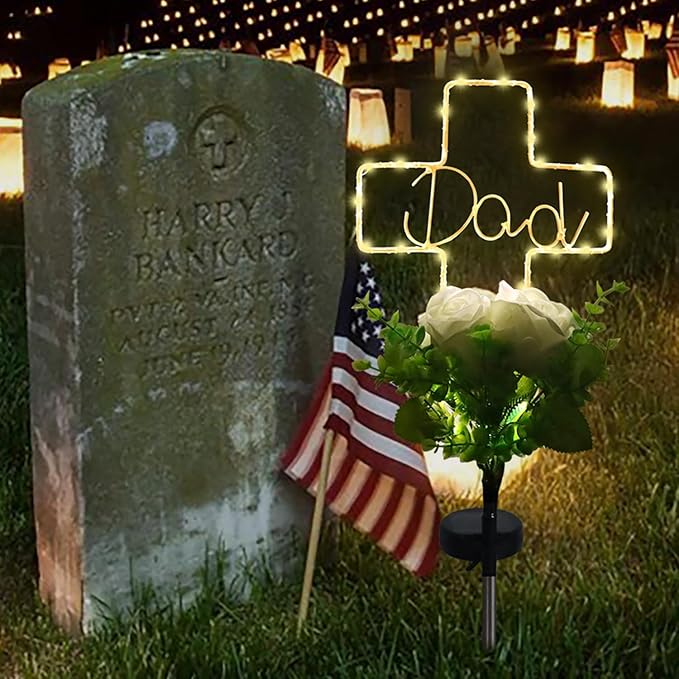 Lmtocs New Version Solar Cross Light for Cemetery Dad, 2 Modes with Rose Flower for Dad Grave Decorations, Waterproof Outdoor Light for Christmas Father Day Memorial Day Grave Decor