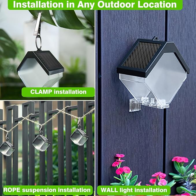 Hanging Solar Fence Lights Outdoor, Solar Deck Railing Lights Outdoor Waterproof, Color Changing & Warm White Light for Yard Deck Wall Tree (4pc)