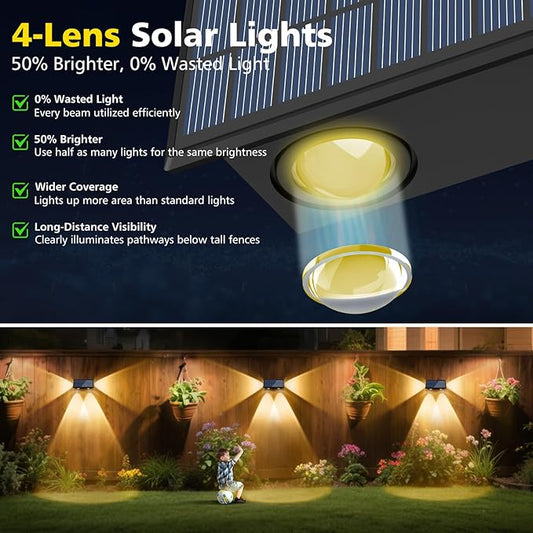 T-SUN Solar Fence Lights Waterproof, LED Wall Lights Outdoor with 2 Bright Modes Warm White Solar Powered, Fence Light for Backyard Railing Patio Porch Pool (6 Pack, Warm White)