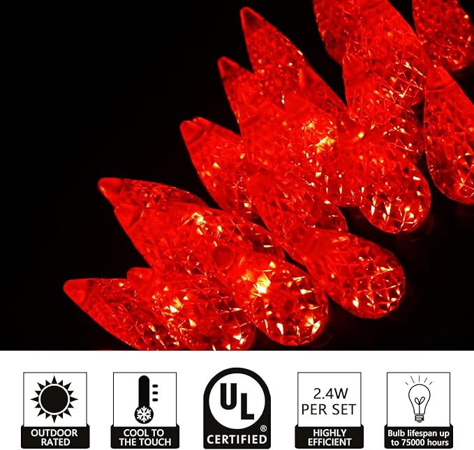 UL Listed 50 Count C6 Led Christmas Lights,Classic C6 Strawberry Christmas Light Bulbs,Outdoor Led String Lights for Garden Patio Trees Lighting Decoration,17 Feet Green Wire (Red)