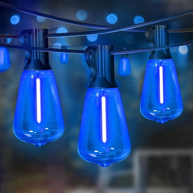 LAMPHOME 26Ft ST38 Outdoor String Lights, Blue Patio Lights with 12+1 ST38 Edison Bulbs, LED Shatterproof String | Lumora