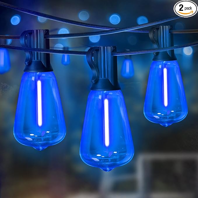 LAMPHOME 2-Pack 26Ft ST38 Outdoor String Lights, Blue LED Shatterproof Patio Lights with 12+1 Edison Bulbs, Perfect for Hanukkah, Bistro, Christmas & Party Decorations