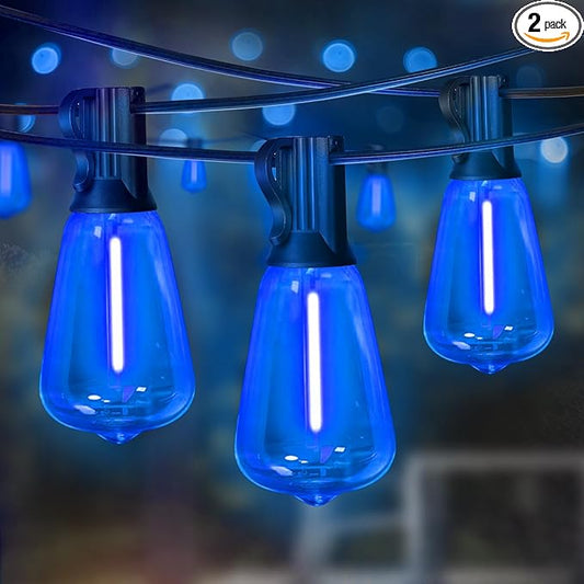 LAMPHOME 2-Pack 26Ft ST38 Outdoor String Lights, Blue LED Shatterproof Patio Lights with 12+1 Edison Bulbs, Perfect for Hanukkah, Bistro, Christmas & Party Decorations