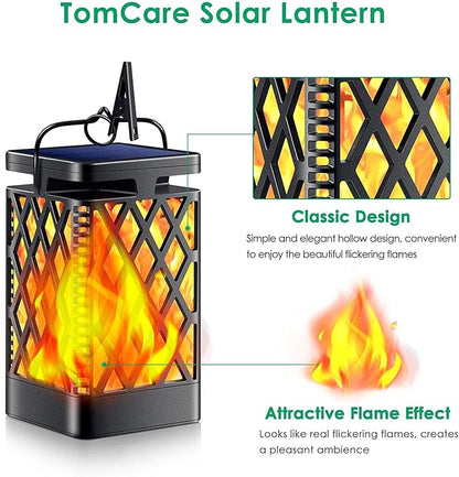 TomCare Solar Lights Outdoor Flickering Flame Solar Lantern Outdoor Waterproof Hanging Lanterns Decorative Lighting LED Flame Lights for Patio Garden, Black 4 Pack