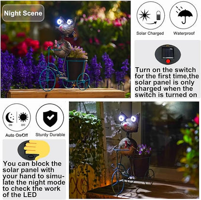 Metal Yard Art Cat on Bike Solar Statue Light, Solar Statue Light Garden Decoration, Best Gift for Cat Lovers.