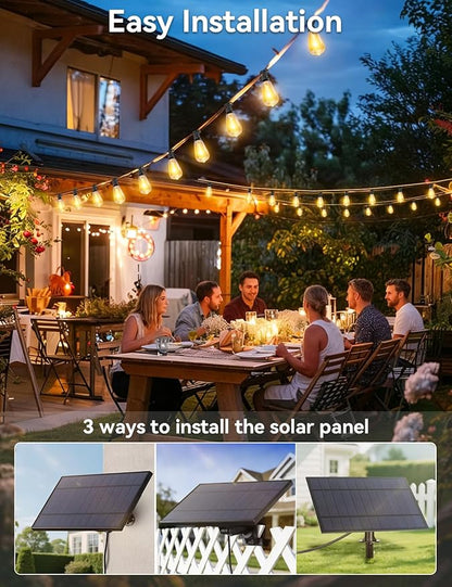 Brightever 150FT Solar String Lights Outdoor Waterproof with Remot, 55+2 Shatterproof ST38 LED Bulbs, Dimmable & 3 Lighting Modes, Warm White Solar Patio Lights for Balcony, Deck, Wedding